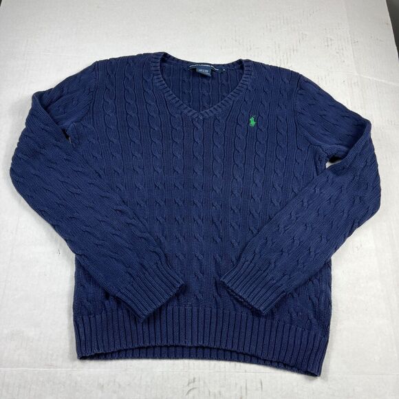 Ralph Lauren Sweaters - Ralph Lauren Sport Womens V-Neck Sweater Blue Long Sleeve Cable Knit Pullover XL